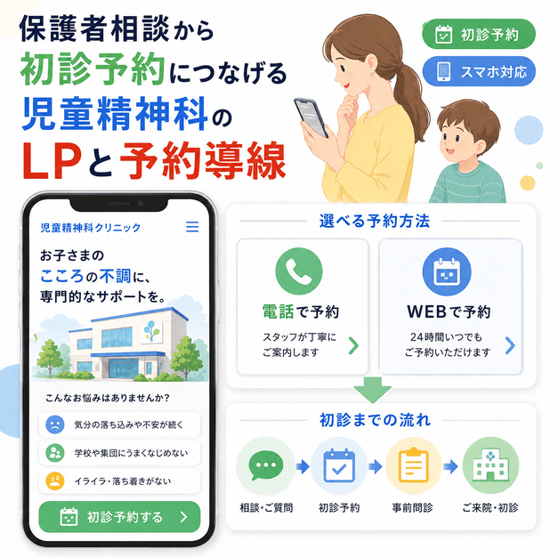 児童精神科のLPで保護者相談から電話予約・Web予約を経て初診につなげる導線を示したイラスト