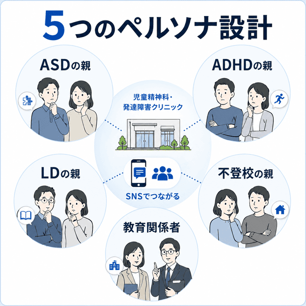 ASD・ADHD・LD・不登校の子を持つ親と教育関係者の5つのペルソナを整理した図解