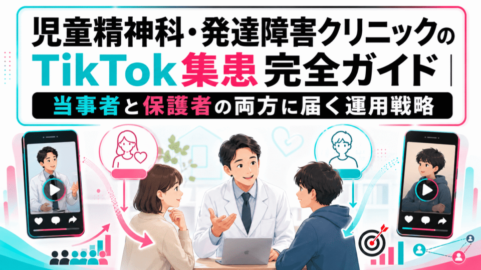 児童精神科・発達障害クリニックのTikTok集患戦略を、医師と当事者・保護者への情報発信で表したイラスト