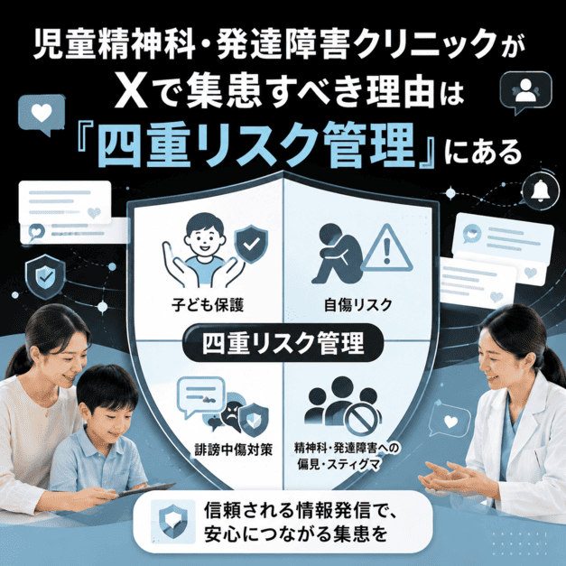 児童精神科クリニックのX運用で必要な子ども保護や自傷リスクなどの四重リスク管理を示したイラスト