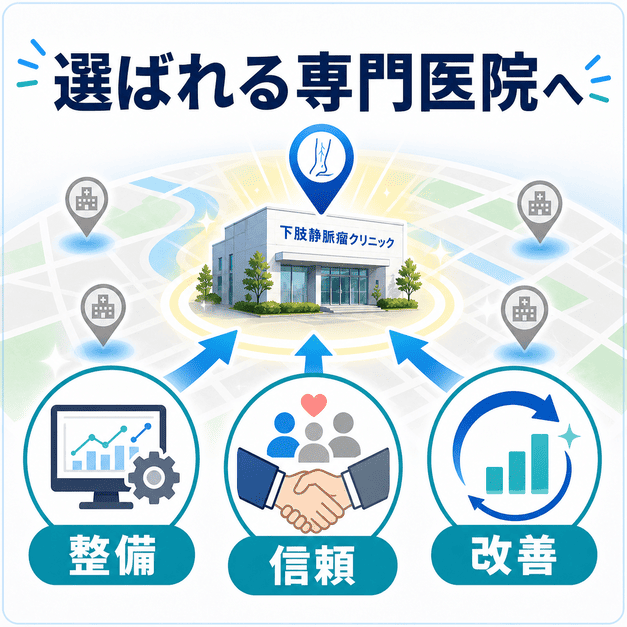 GBP整備、信頼形成、改善の継続によって地域で選ばれる下肢静脈瘤専門医院を目指す総まとめ図