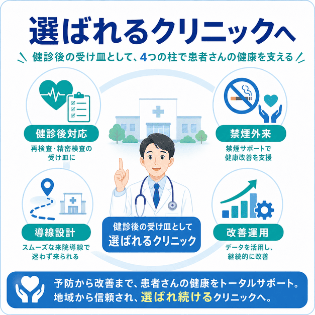 健診後対応、禁煙外来、導線設計、改善運用の4つの柱で選ばれるクリニックを目指す総まとめ図