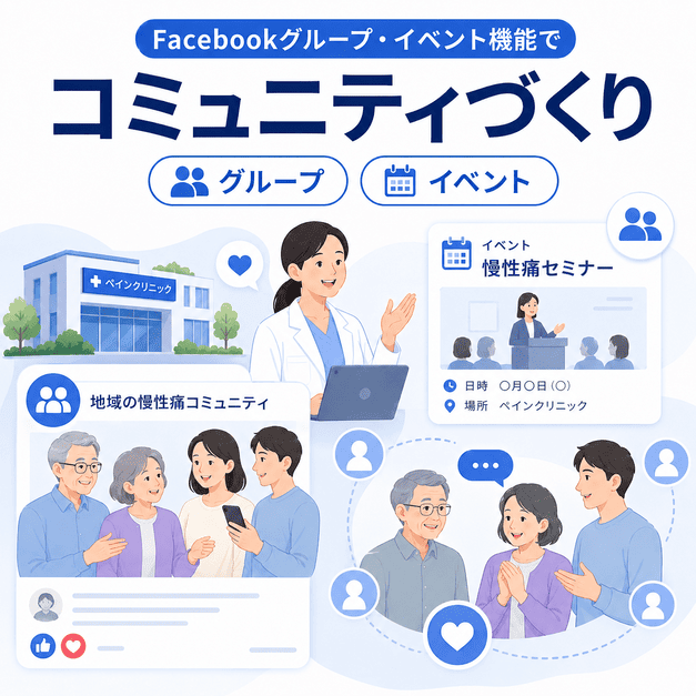 Facebookグループやイベント機能を使って地域の慢性痛コミュニティをつくる様子を表したイラスト