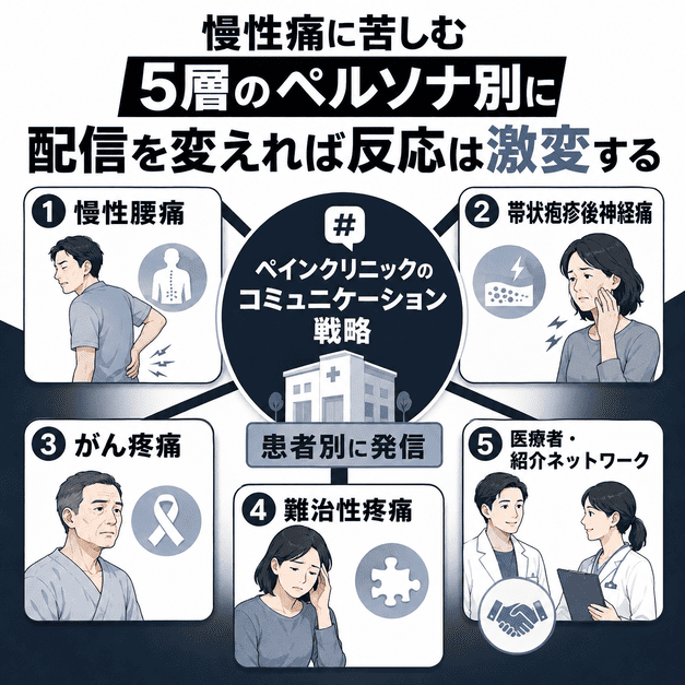 慢性腰痛や帯状疱疹後神経痛など5層の慢性痛ペルソナに合わせて発信内容を変える様子