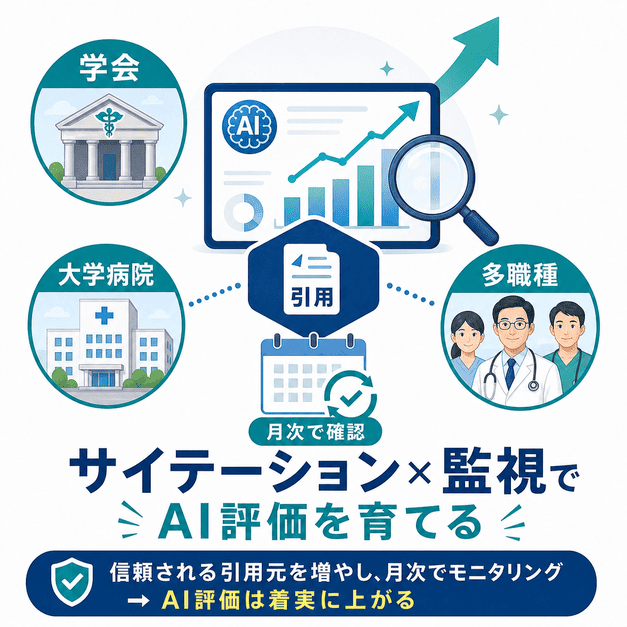 学会・大学病院・多職種からのサイテーション獲得と月次モニタリングでAI評価を高める流れを示した図解