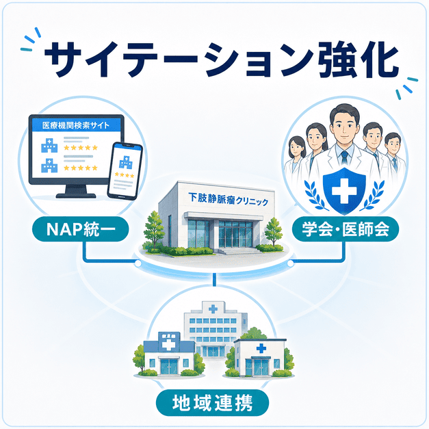 NAP統一、学会や医師会、地域連携によって専門医としての評価を高めるサイテーション戦略の図解