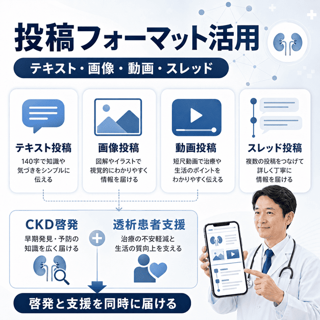 140字テキスト、画像、動画、スレッドを使い分けてCKD啓発と透析患者支援を届ける投稿フォーマット活用の図解