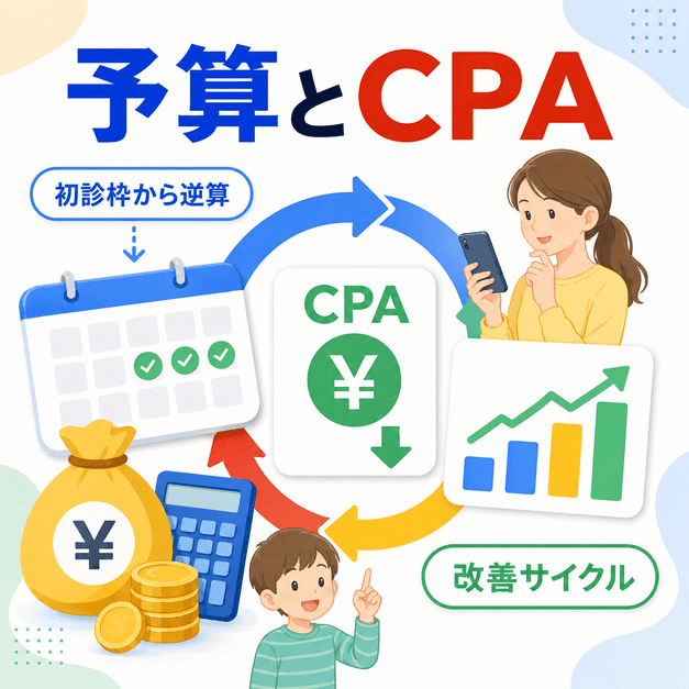 児童精神科・発達障害クリニックの広告予算、初診枠、CPA、改善サイクルを整理したイラスト