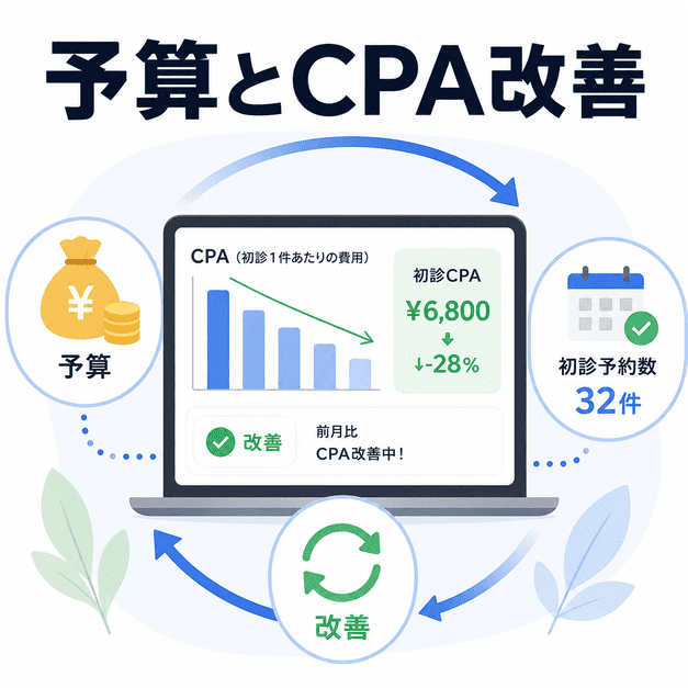 心療内科広告の予算、初診CPA、予約数を見直しながら改善するサイクルを示したイラスト