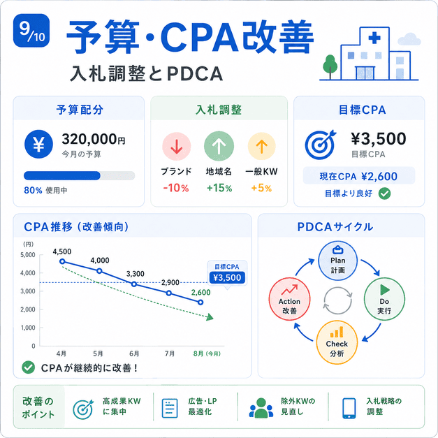 レディースクリニック広告の予算配分・入札調整・CPA改善・PDCAサイクルを可視化したダッシュボード図