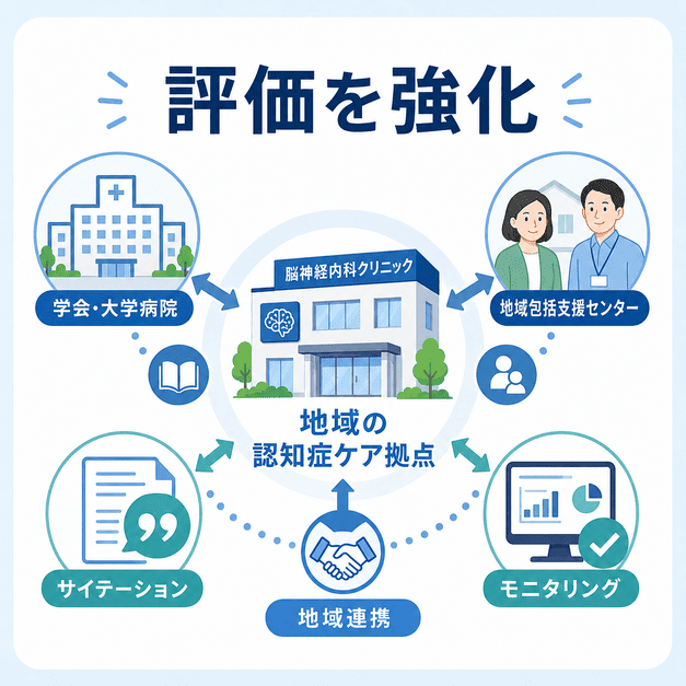 学会や大学病院、地域包括支援センターからのサイテーションと定期モニタリングで地域の認知症ケア拠点としての評価を高める図