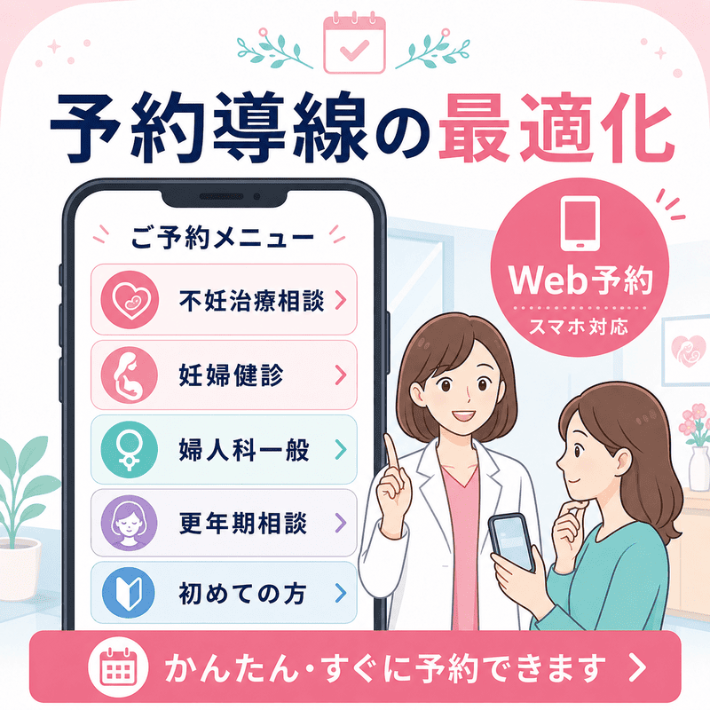 不妊治療相談、妊婦健診、婦人科一般、更年期相談、初めての方向けに予約導線を分けるスマホ予約画面の図