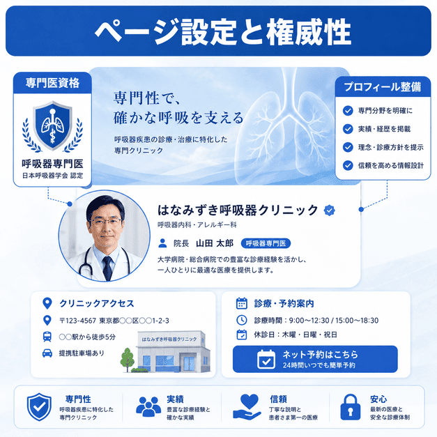 呼吸器専門医の資格やプロフィール整備によってクリニックの権威性を伝えるビジネスページ設定のイラスト