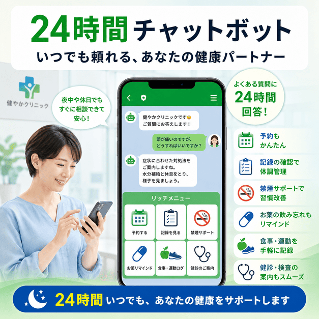 患者が24時間相談できるチャットボットとLINEリッチメニューによる健康管理サポートを示したイラスト
