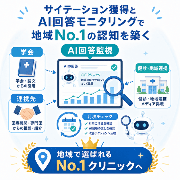 学会・連携先・健診機関からのサイテーション獲得とAI回答モニタリングで地域認知を高める流れを示す図解