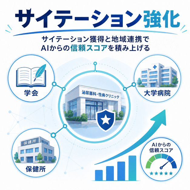 学会・大学病院・保健所との連携や言及によって、AIからの信頼スコアを高める仕組みを示した図解