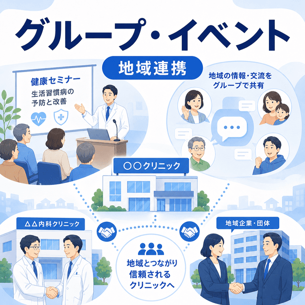 健康セミナー、地域グループ、医療機関連携、企業連携を通じて選ばれるクリニックになる流れを示したイラスト