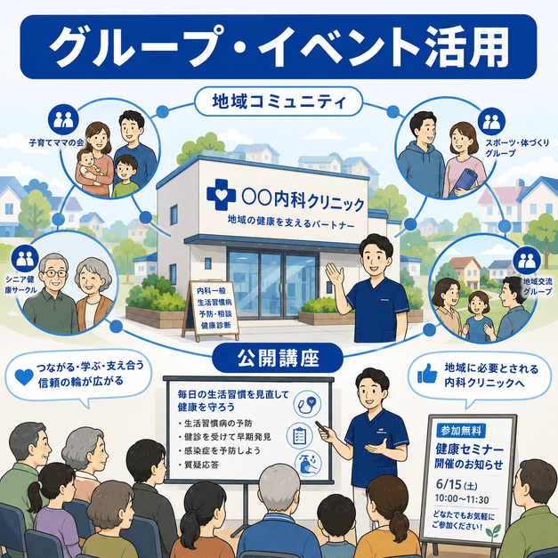 総合内科クリニックが地域コミュニティや健康セミナーを通じて住民とつながる様子を表したイラスト