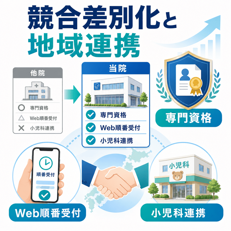 専門資格、Web順番受付、小児科連携で競合耳鼻科との差別化と地域連携を進める様子