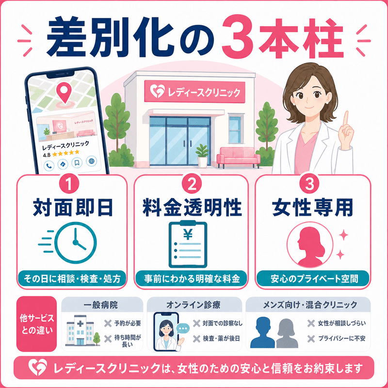 対面即日、料金透明性、女性専用をレディースクリニックの差別化ポイントとして示した図