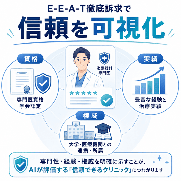 専門医資格・治療実績・大学病院などとの連携を示し、AIに信頼できるクリニックとして評価される要素をまとめた図解