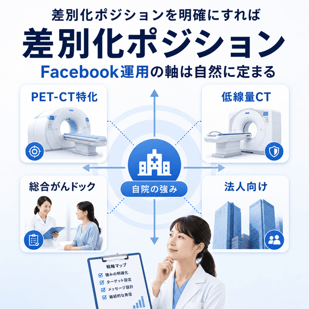 がん検診クリニックの差別化ポジションを、PET-CT特化・低線量CT・総合がんドック・法人向けの4軸で表したイラスト