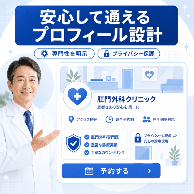 肛門外科クリニックのFacebookページで、専門性やプライバシー保護を伝えるプロフィール設計を示すイラスト