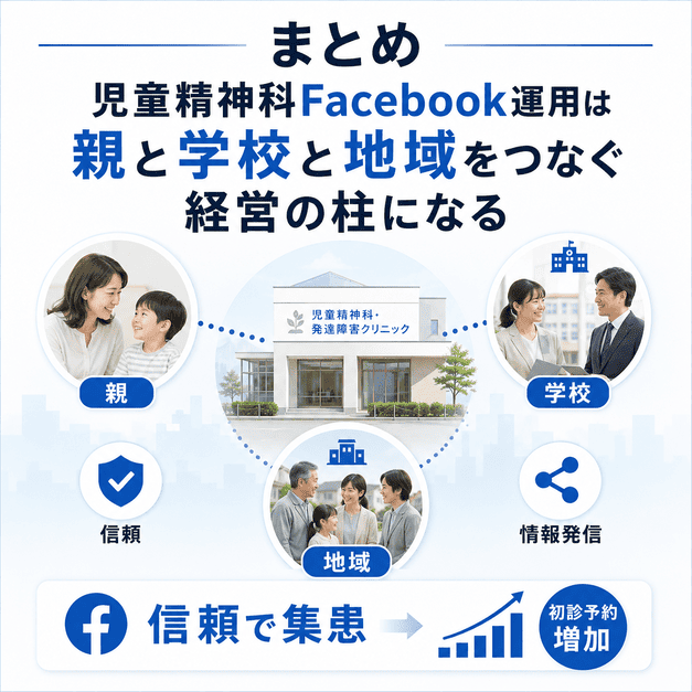 児童精神科クリニックがFacebook運用を通じて親、学校、地域をつなぎ、信頼による集患につなげるまとめ図解