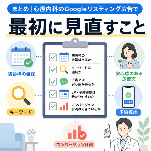 心療内科のGoogleリスティング広告で最初に見直すべき初診枠・キーワード・広告文・予約導線・計測をまとめたイラスト