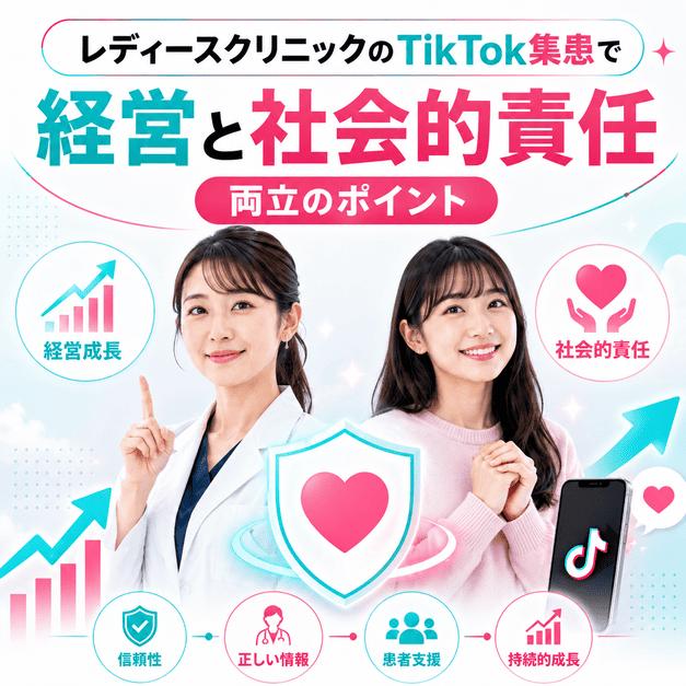 レディースクリニックのTikTok集患で、経営成長と社会的責任の両立を目指すまとめイラスト