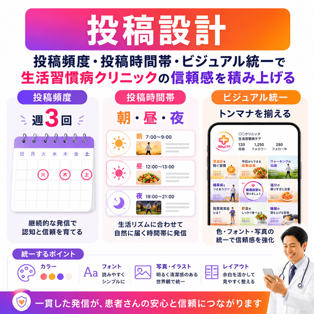 投稿頻度、投稿時間帯、ビジュアル統一で生活習慣病クリニックの信頼感を高める投稿設計のイラスト