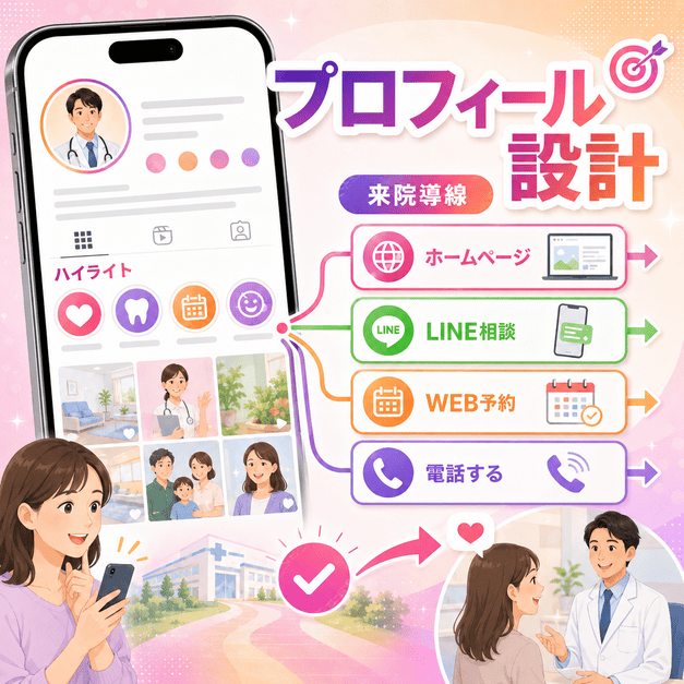 クリニックのInstagramプロフィールからホームページ、LINE相談、WEB予約、電話へ来院導線を整える様子を表したイラスト