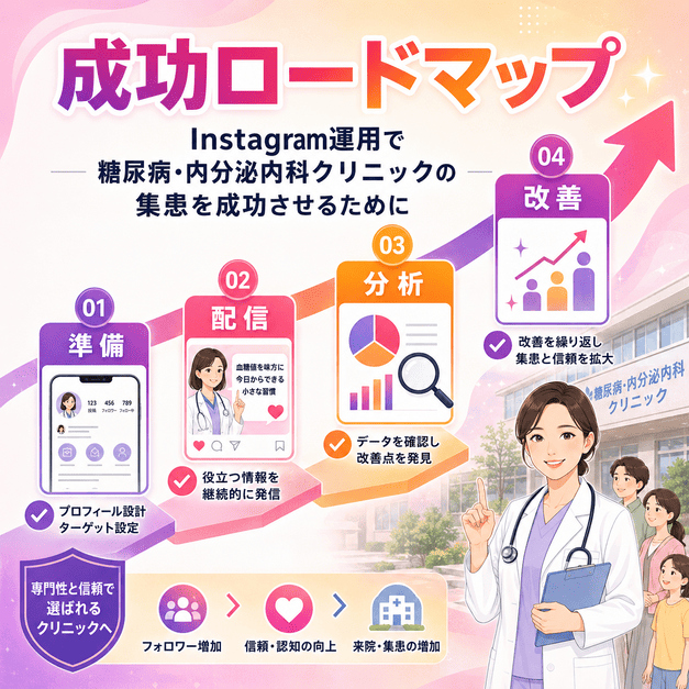 準備、配信、分析、改善の4段階で糖尿病・内分泌内科クリニックのInstagram集患を成功に導くロードマップイラスト
