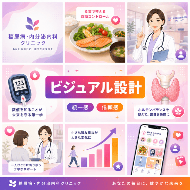 糖尿病・内分泌内科クリニックの統一感ある投稿デザインや医師、食事、血糖管理、甲状腺ケアを表したブランディングイラスト