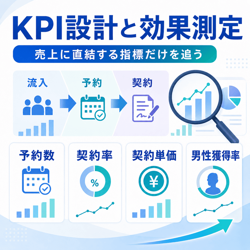 医療脱毛クリニックのSEO効果測定で、流入から予約・契約までのKPIと主要指標を示したダッシュボード図