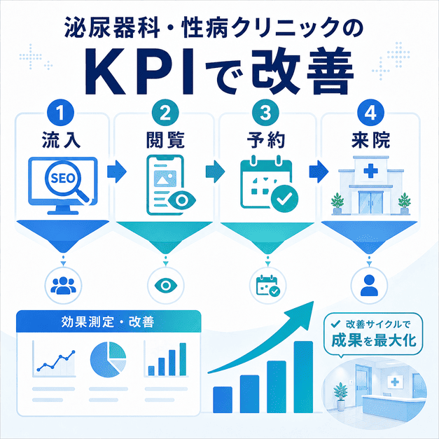 流入、閲覧、予約、来院の4段階でKPIを測定し改善する流れを示した画像