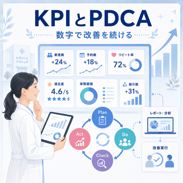 レディースクリニックのKPI管理とPDCAサイクルで集患成果を改善し続ける仕組みを示したイラスト
