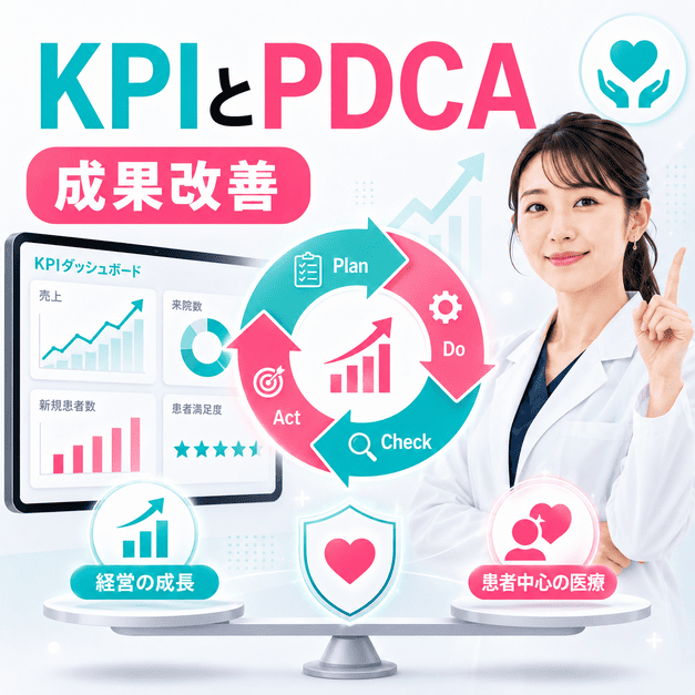 KPIダッシュボードとPDCAサイクルで、経営成果と社会的責任を両立させる運用改善を表したイラスト