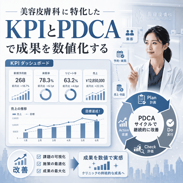 美容皮膚科に特化したKPIダッシュボードとPDCAでX運用成果を数値化するイメージ