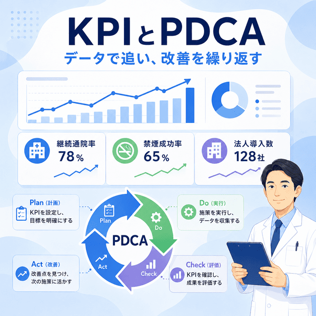 継続通院率、禁煙成功率、法人導入数などのKPIをPDCAで改善するダッシュボード型イラスト