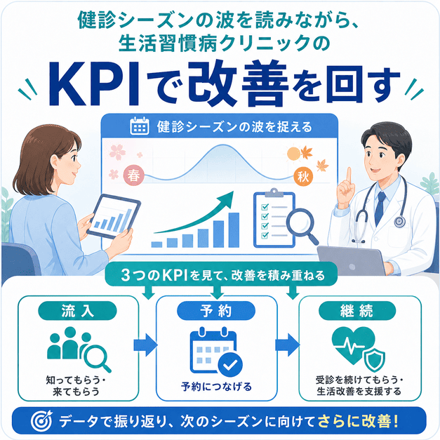 健診シーズンの波を見ながら流入、予約、継続のKPIを測定し改善を回す流れを示した図解