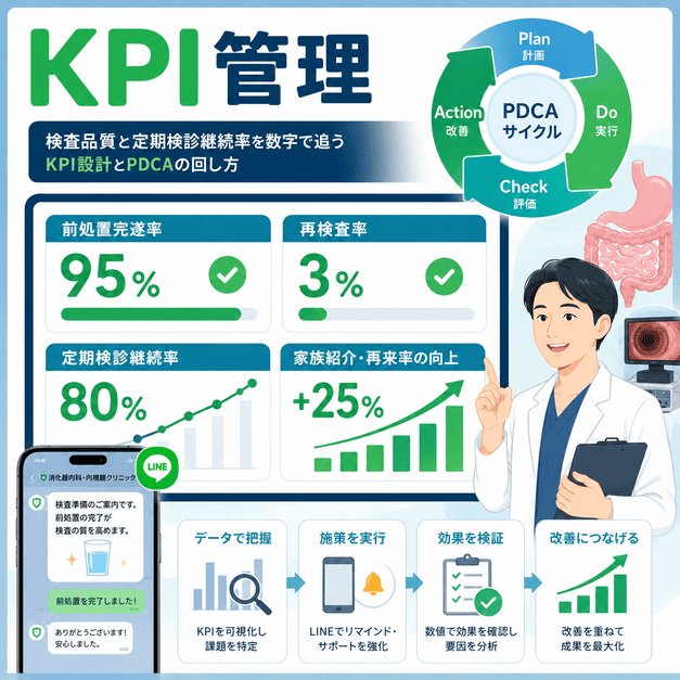 消化器内科のLINE運用で前処置完遂率や再検査率などのKPIを管理しPDCAを回す様子を示したイラスト