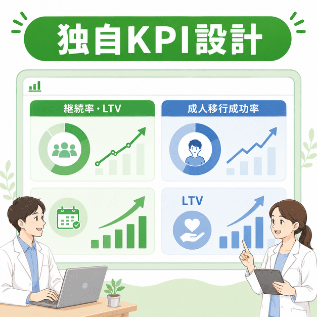 児童精神科・発達障害クリニックの超長期継続率、成人移行成功率、LTVを可視化するKPIダッシュボードのイラスト