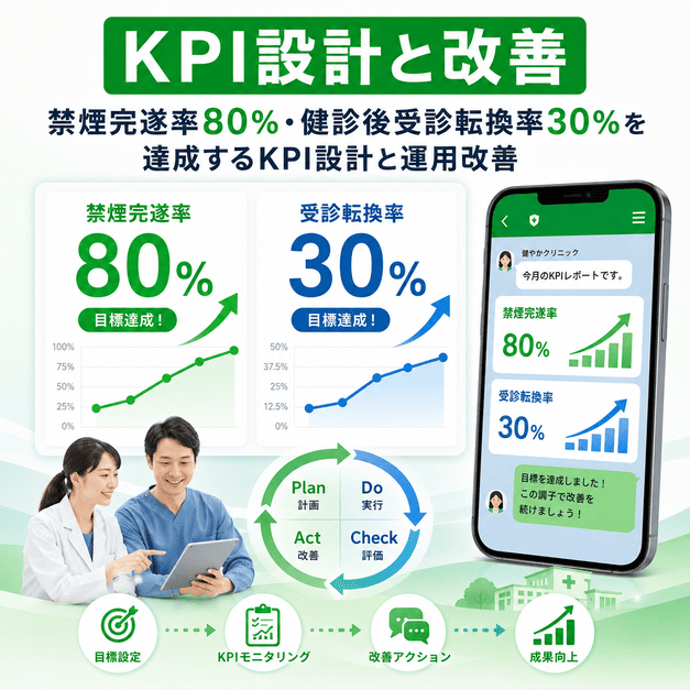 禁煙完遂率80％と健診後受診転換率30％を目指すLINE運用のKPI設計と改善を示したイラスト