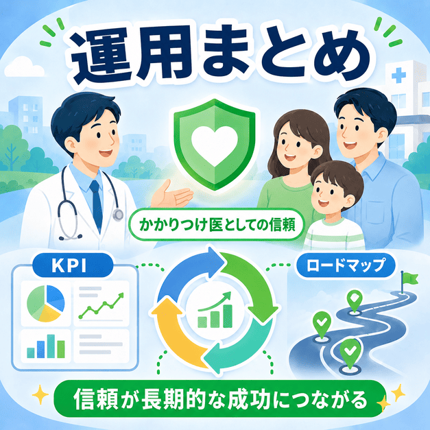 総合内科クリニックのLINE運用で信頼構築、KPI管理、改善ロードマップを進める様子を表したまとめイラスト
