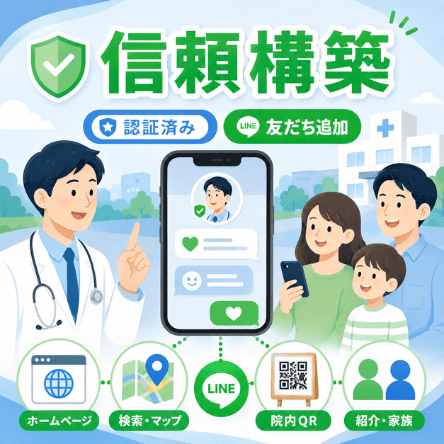 総合内科クリニックがLINEで地域住民との信頼関係を築き、友だち追加につなげる流れを表したイラスト