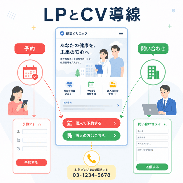 健診クリニックのLPから個人予約、法人問い合わせ、電話相談へつなげるCV導線を示したイラスト