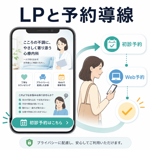 心療内科LPからWeb予約・初診予約へつながる分かりやすいコンバージョン導線のイラスト