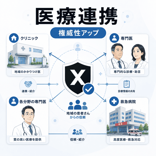 総合内科クリニックと専門医、医師会、救急病院が連携してX上の権威性と信頼を高める様子を示したイラスト