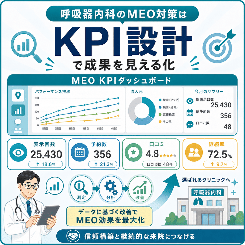 表示回数、予約数、口コミ、継続率など呼吸器内科MEOのKPIをダッシュボードで示した図